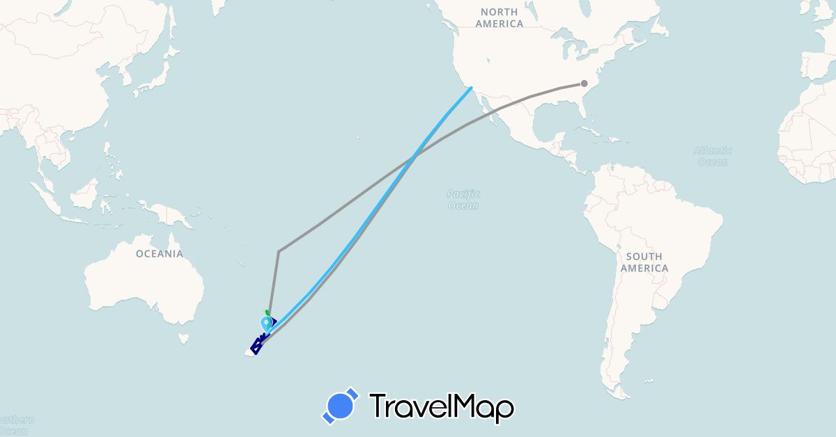 TravelMap itinerary: driving, bus, plane, boat in Fiji, New Zealand, United States (North America, Oceania)